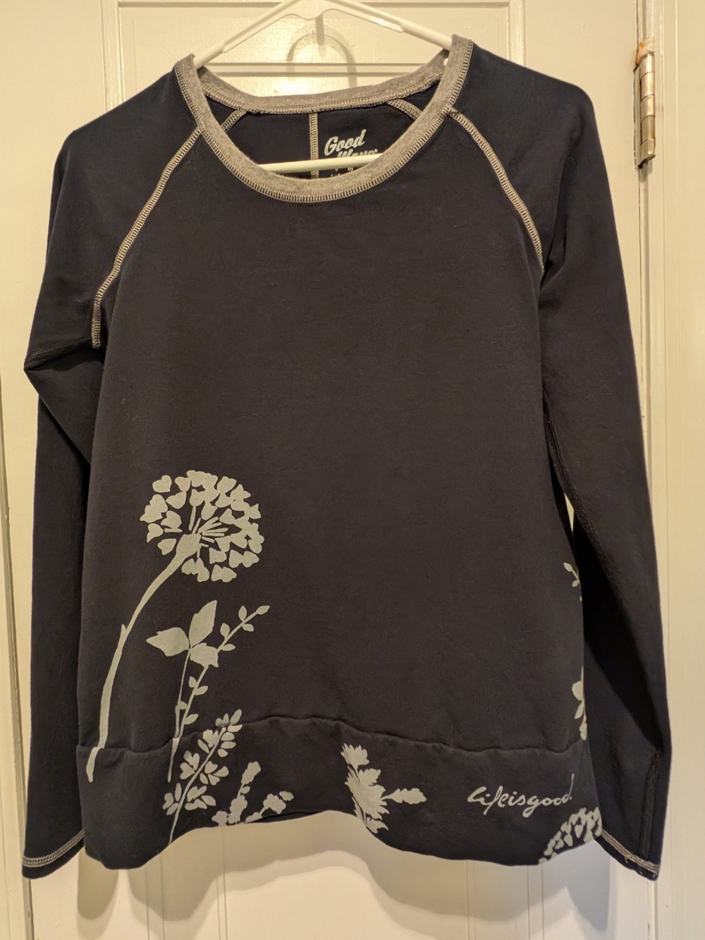 Life Is Good Navy Long Sleeve Floral Crew Tee with Gray Trim